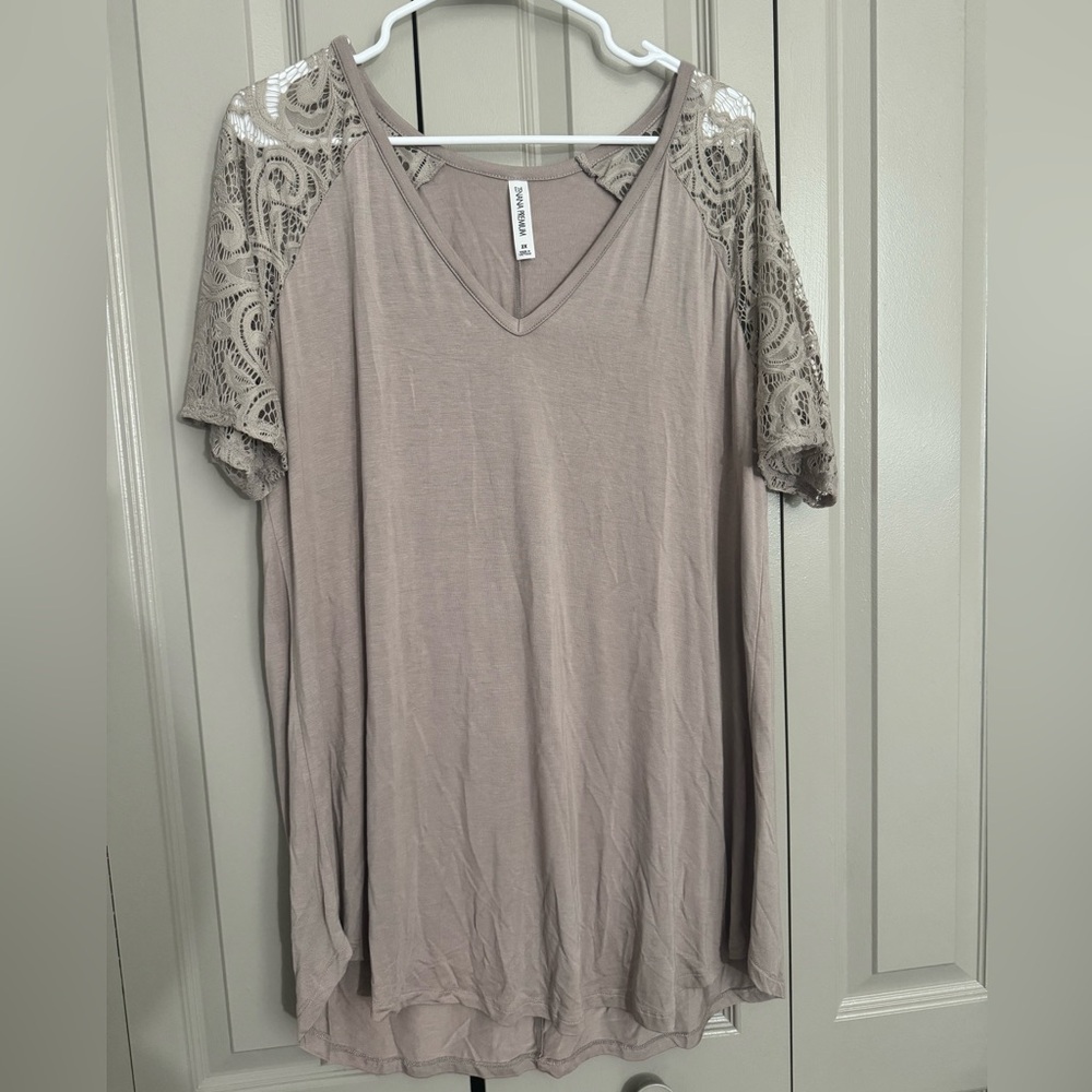 Zenana Taupe Short Sleeve Top w/ Lace Sleeves